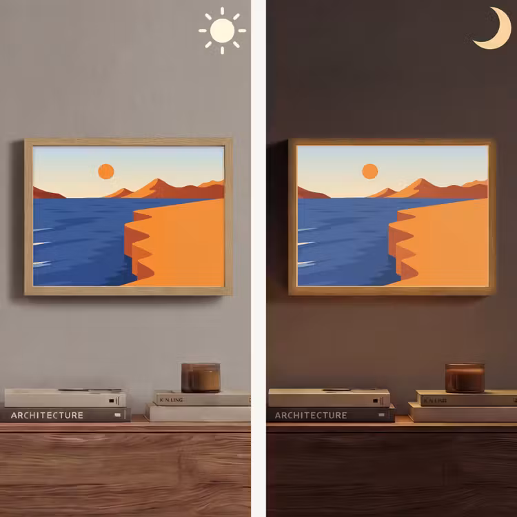 Landschap - Bergen - Zon - Zee Light Box met batterij (Wandlamp) middel -sfeer3