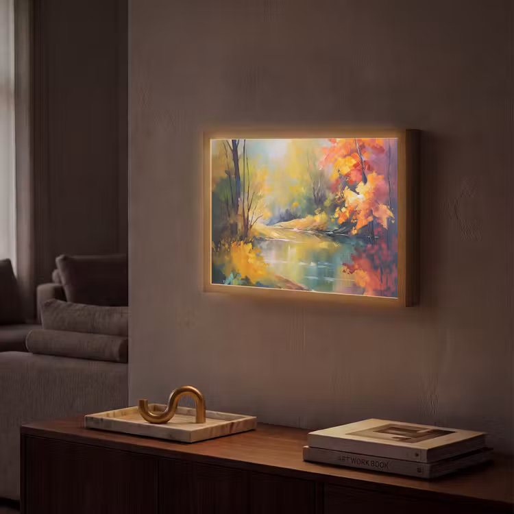 Landschap - Olieverf - Rivier - Kleurrijk Light Box met batterij (Wandlamp) middel -sfeer1