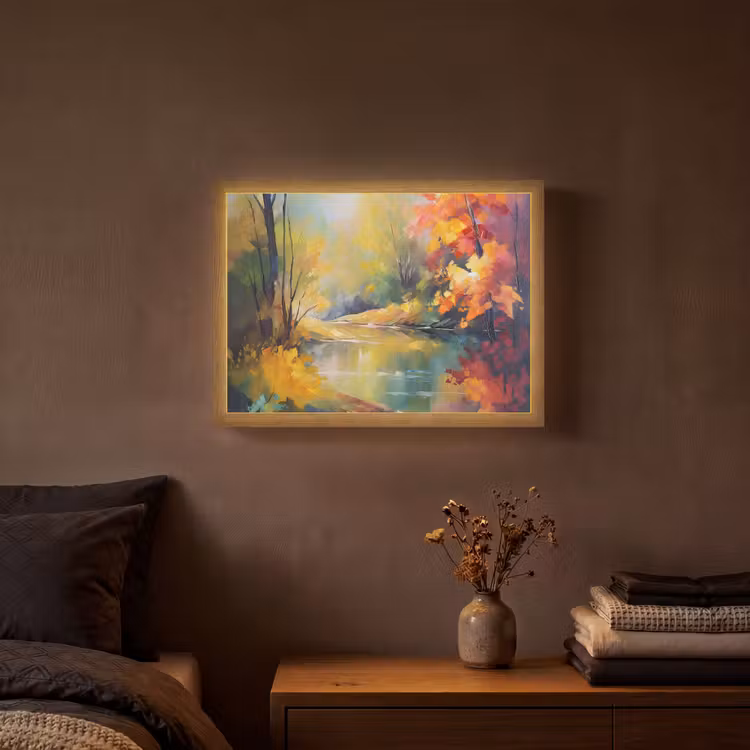 Landschap - Olieverf - Rivier - Kleurrijk Light Box met batterij (Wandlamp) middel -sfeer4