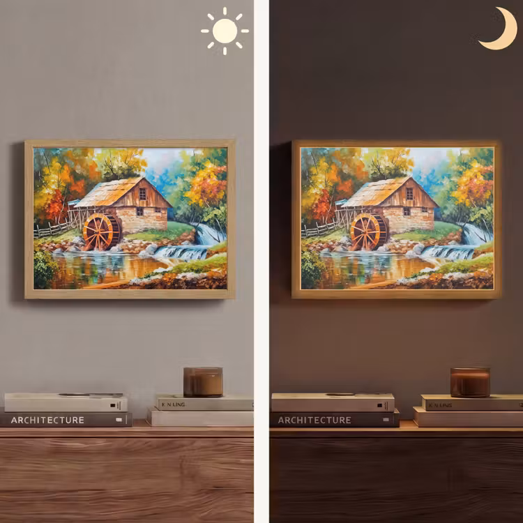Landschap - Schilderij - Huis - Kunst - Herfst Light Box met batterij (Wandlamp) middel -sfeer3