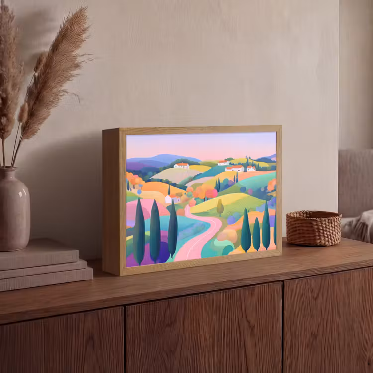Landschap - Paars - Pastel - Huizen Light Box met batterij (Wandlamp) middel -sfeer2