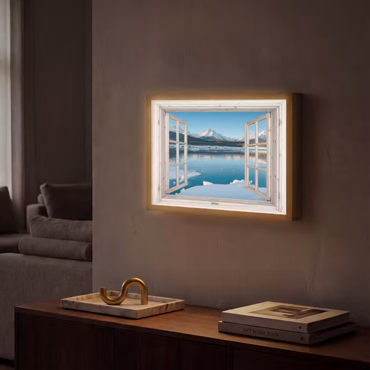 Landschap - Winter - Meer - Bergen - Uitzicht - Doorkijk - Licht Light Box met batterij (Wandlamp) middel -sfeer1