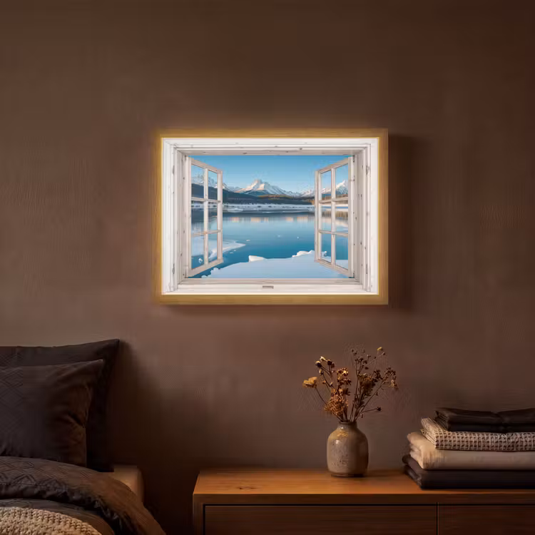 Landschap - Winter - Meer - Bergen - Uitzicht - Doorkijk - Licht Light Box met batterij (Wandlamp) middel -sfeer4
