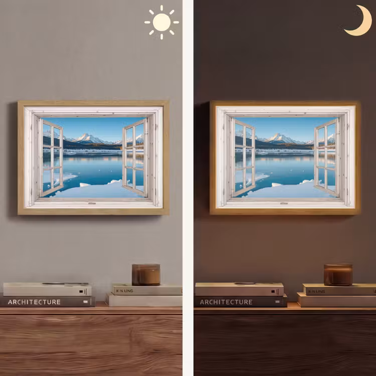 Landschap - Winter - Meer - Bergen - Uitzicht - Doorkijk - Licht Light Box met batterij (Wandlamp) middel -sfeer3