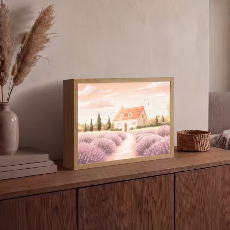 Lavendelveld - Huis - Paars Light Box met batterij (Wandlamp) middel -sfeer2