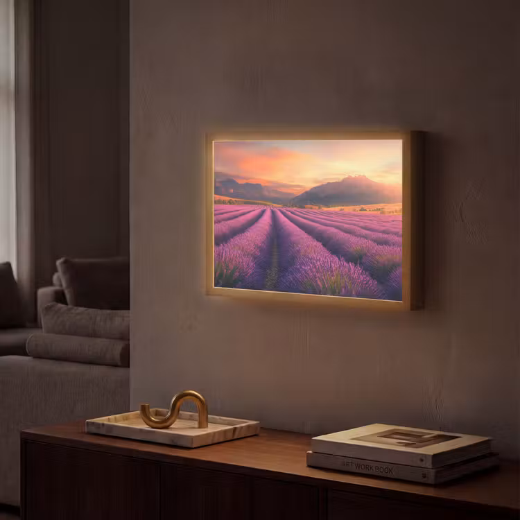 Lavendelveld - Zonsondergang - Paars Light Box met batterij (Wandlamp) middel -sfeer1