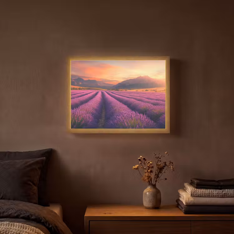 Lavendelveld - Zonsondergang - Paars Light Box met batterij (Wandlamp) middel -sfeer4