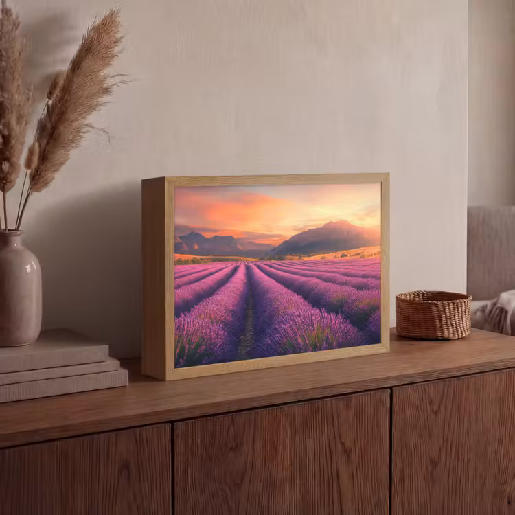 Lavendelveld - Zonsondergang - Paars Light Box met batterij (Wandlamp) middel -sfeer2