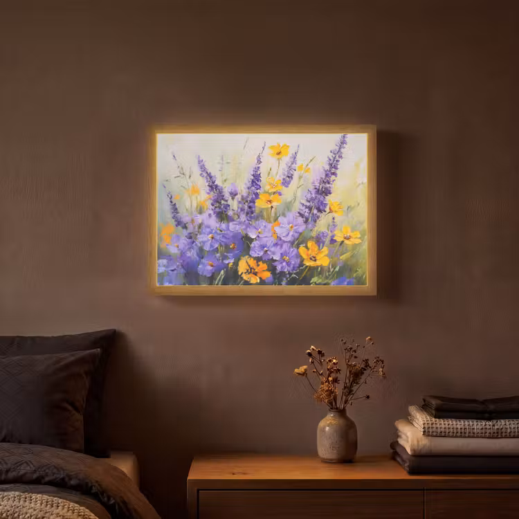 Lavendel - Bloemen - Natuur - Kunst Light Box met batterij (Wandlamp) middel -sfeer4