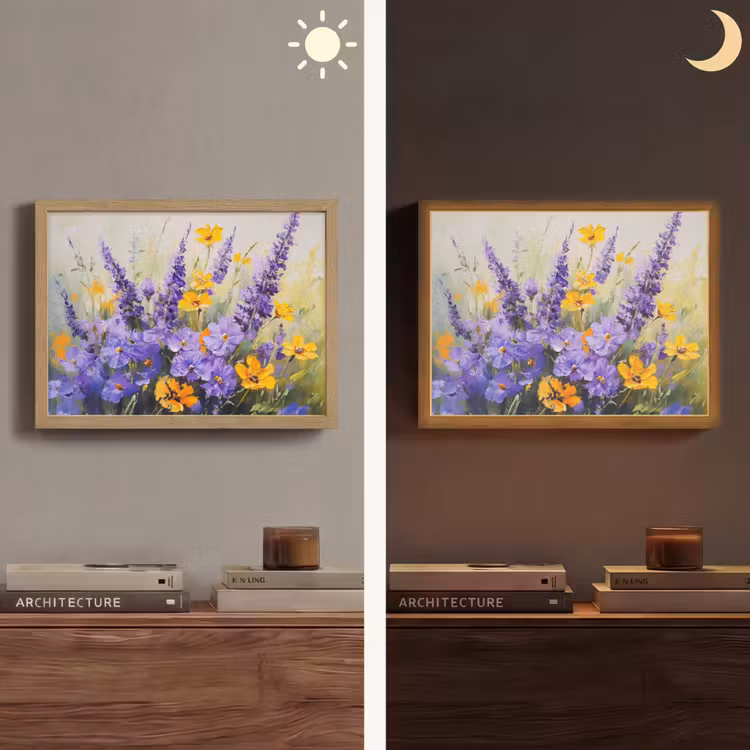 Lavendel - Bloemen - Natuur - Kunst Light Box met batterij (Wandlamp) middel -sfeer3