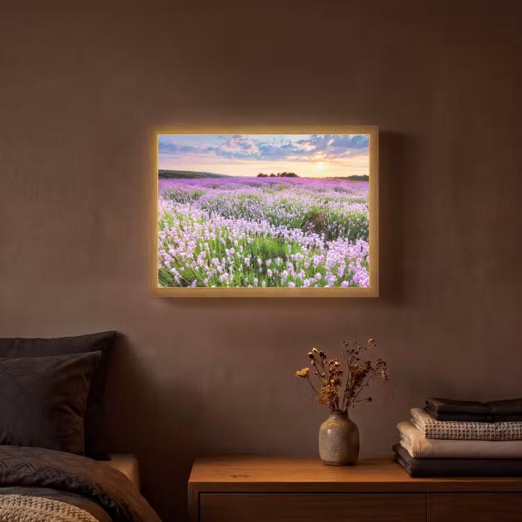 Lavendel - Bloemen - Zonsondergang - Paars - Weide Light Box met batterij (Wandlamp) middel -sfeer4
