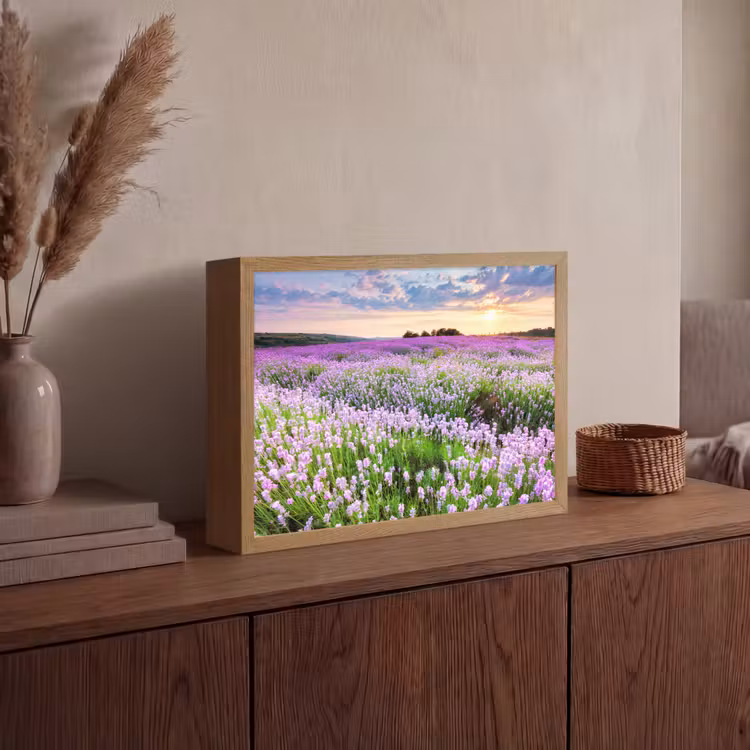 Lavendel - Bloemen - Zonsondergang - Paars - Weide Light Box met batterij (Wandlamp) middel -sfeer2