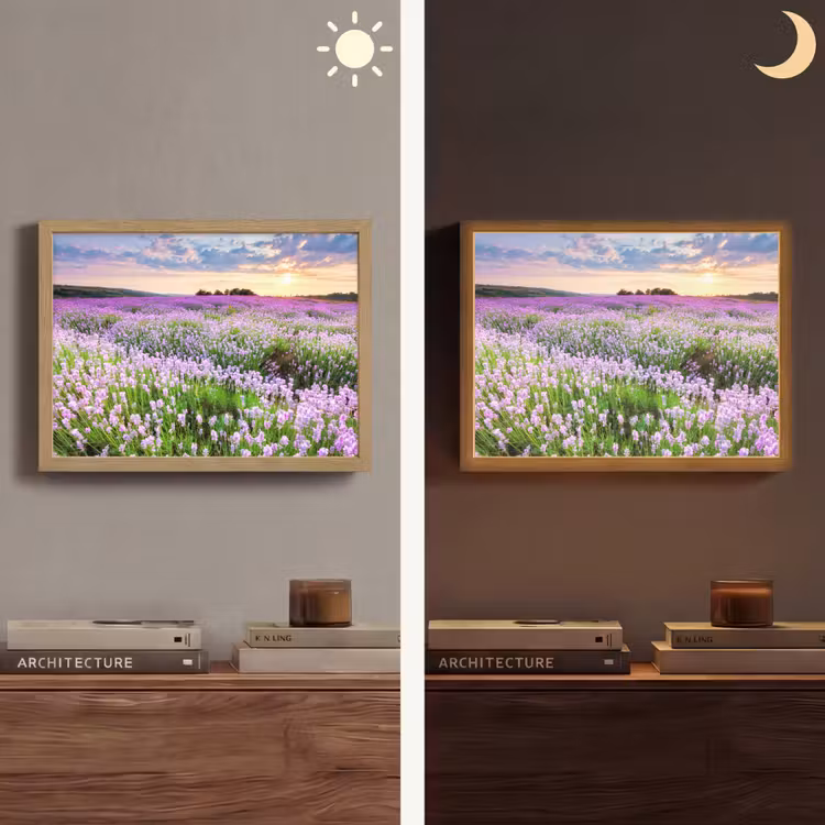 Lavendel - Bloemen - Zonsondergang - Paars - Weide Light Box met batterij (Wandlamp) middel -sfeer3