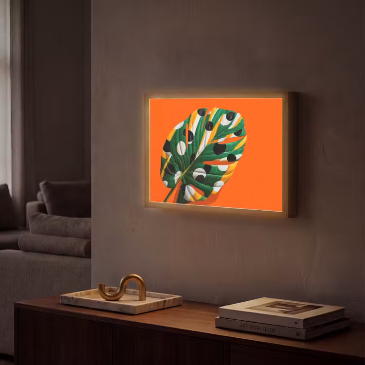 Blad - Oranje - Stippen - Kleurrijk Light Box met batterij (Wandlamp) middel -sfeer1