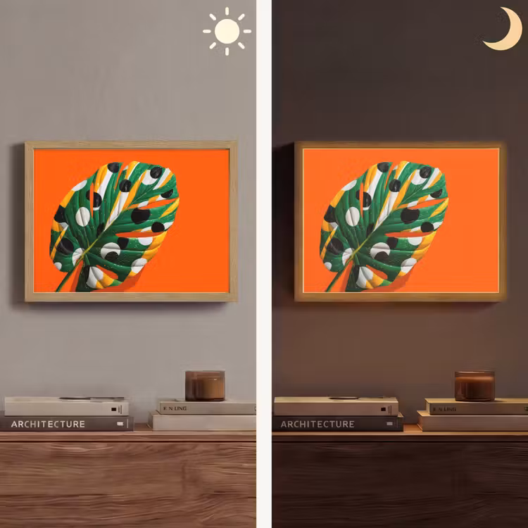 Blad - Oranje - Stippen - Kleurrijk Light Box met batterij (Wandlamp) middel -sfeer3