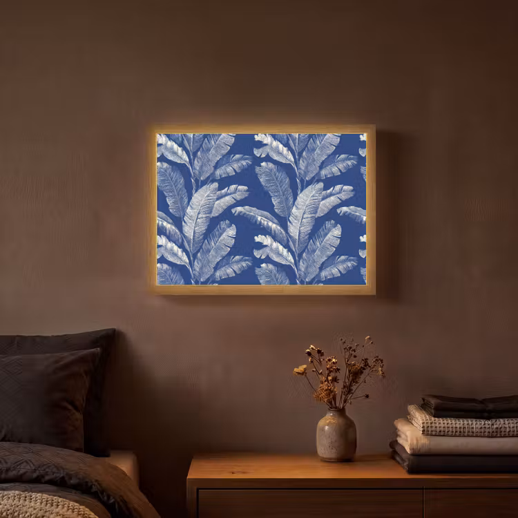 Blad - Palm - Blauw Light Box met batterij (Wandlamp) middel 907 -sfeer4