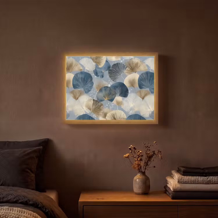 Bladeren - Abstract - Goud - Blauw Light Box met batterij (Wandlamp) middel -sfeer4