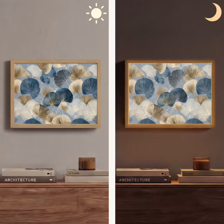 Bladeren - Abstract - Goud - Blauw Light Box met batterij (Wandlamp) middel -sfeer3