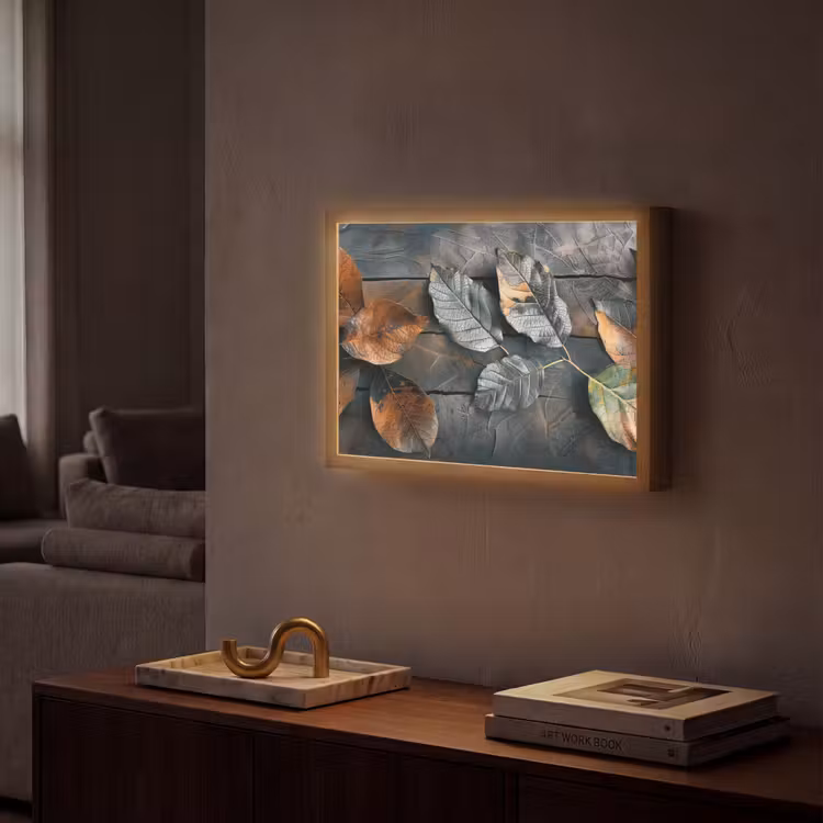 Bladeren - Herfst - Grijs - Natuur Light Box met batterij (Wandlamp) middel -sfeer1
