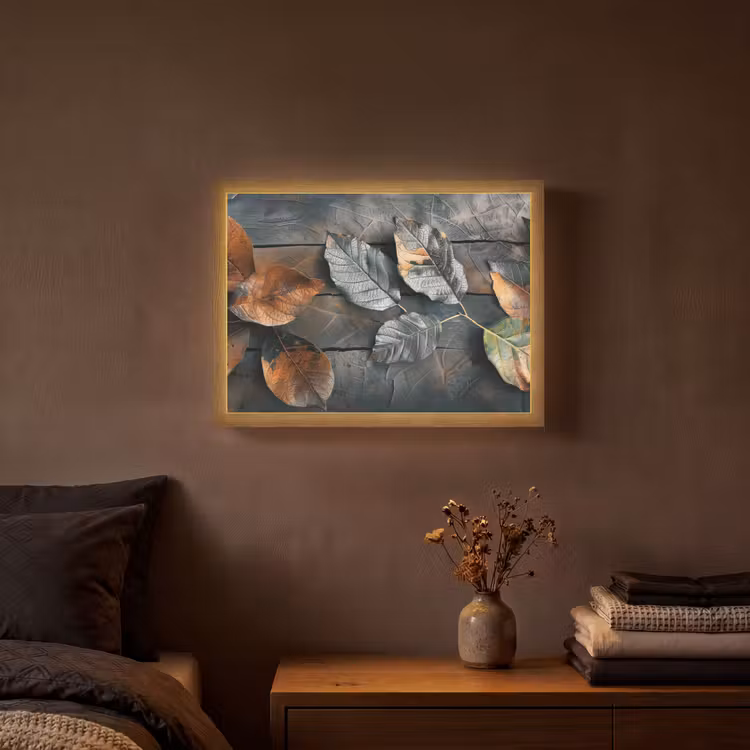 Bladeren - Herfst - Grijs - Natuur Light Box met batterij (Wandlamp) middel -sfeer4