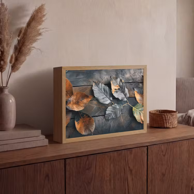 Bladeren - Herfst - Grijs - Natuur Light Box met batterij (Wandlamp) middel -sfeer2