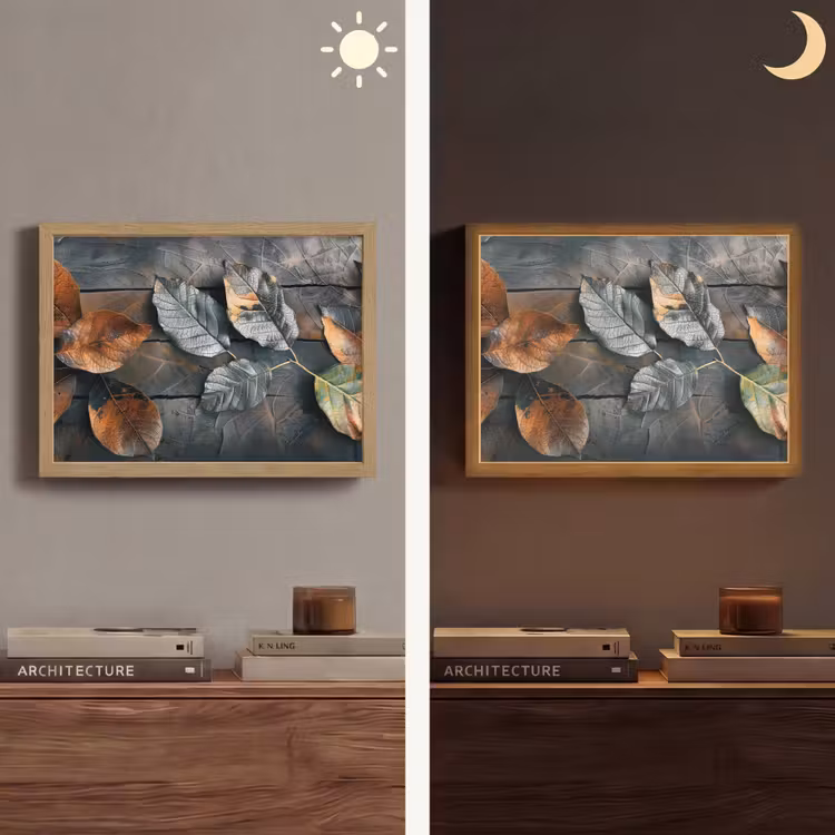 Bladeren - Herfst - Grijs - Natuur Light Box met batterij (Wandlamp) middel -sfeer3