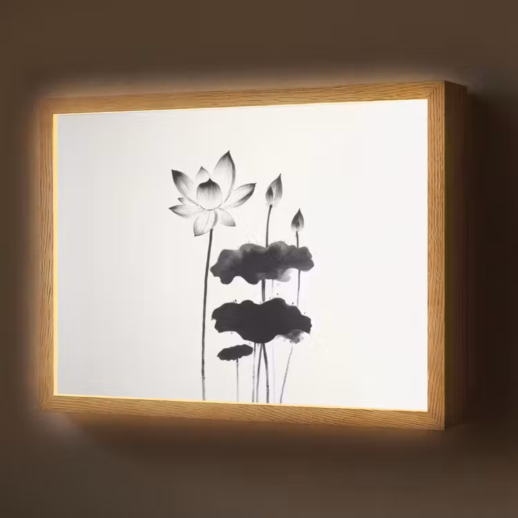 Bladeren - Zwart - Lotusbloem - Minimalitisch Light Box met batterij (Wandlamp) middel -z3d_website