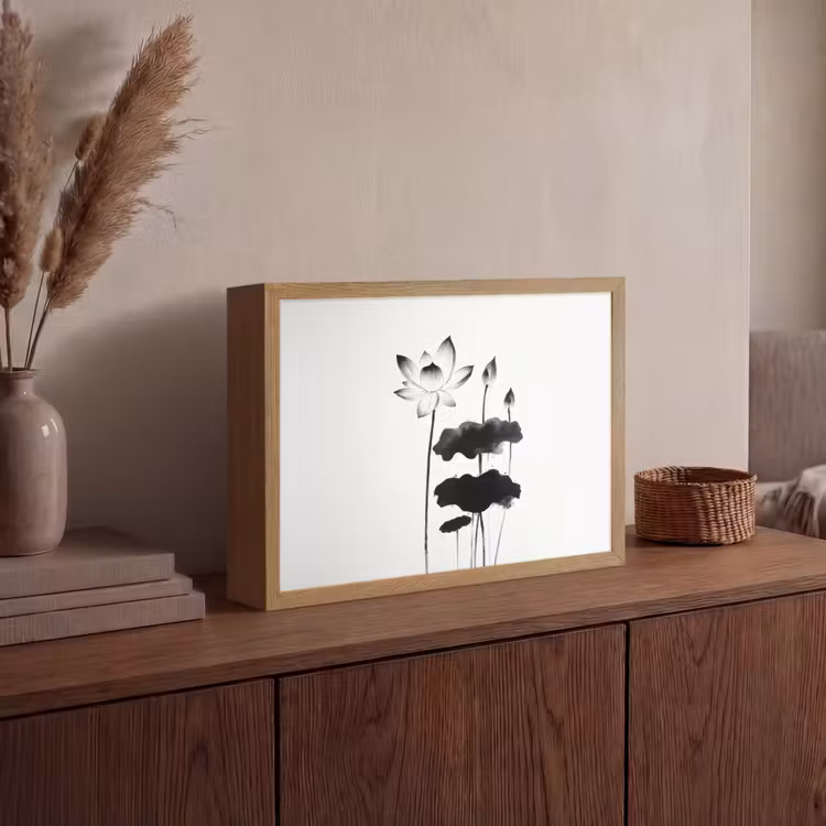 Bladeren - Zwart - Lotusbloem - Minimalitisch Light Box met batterij (Wandlamp) middel -sfeer2