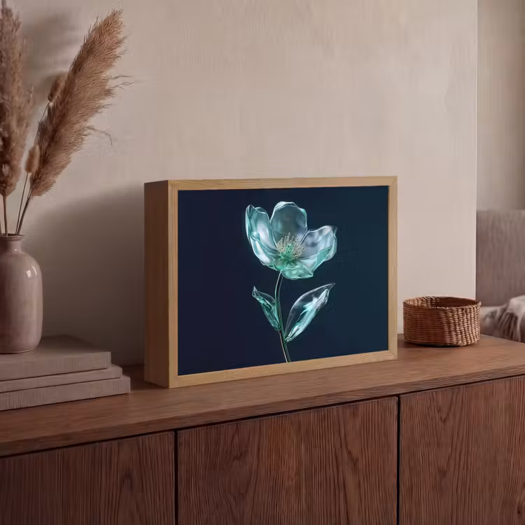 Bladeren - Bloem - Glazen - Donkerblauw Light Box met batterij (Wandlamp) middel -sfeer2