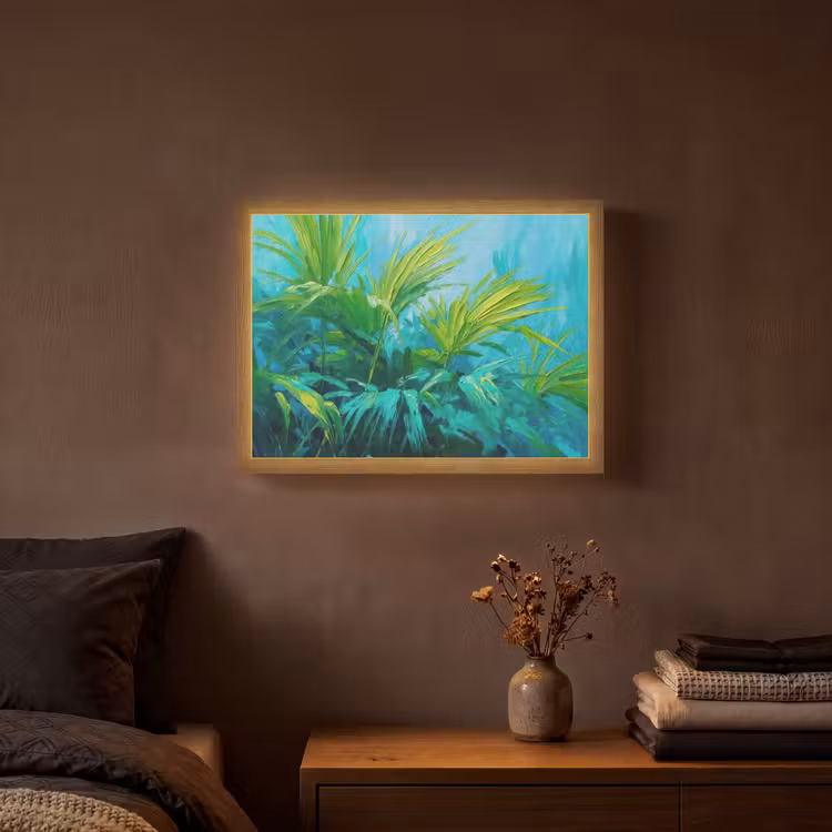 Bladeren - Groen - Schilderij - Abstract Light Box met batterij (Wandlamp) middel -sfeer4