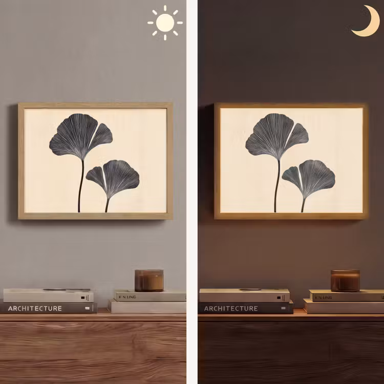 Bladeren - Minimalistisch - Zwart Light Box met batterij (Wandlamp) middel -sfeer3