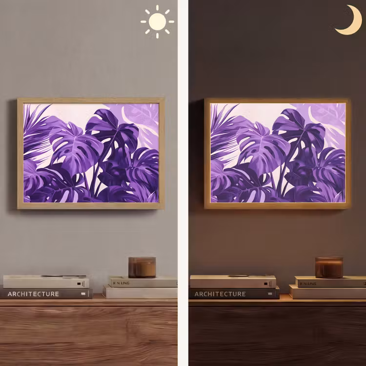 Bladeren - Paars - Tropisch - Abstract Light Box met batterij (Wandlamp) middel -sfeer3