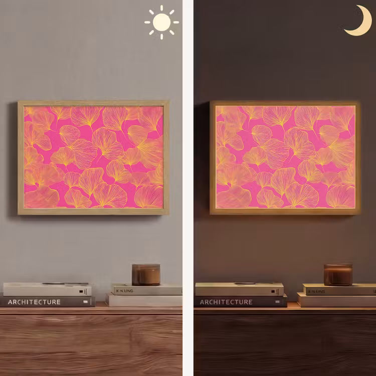 Bladeren - Nerven - Grafisch - Roze Light Box met batterij (Wandlamp) middel -sfeer3