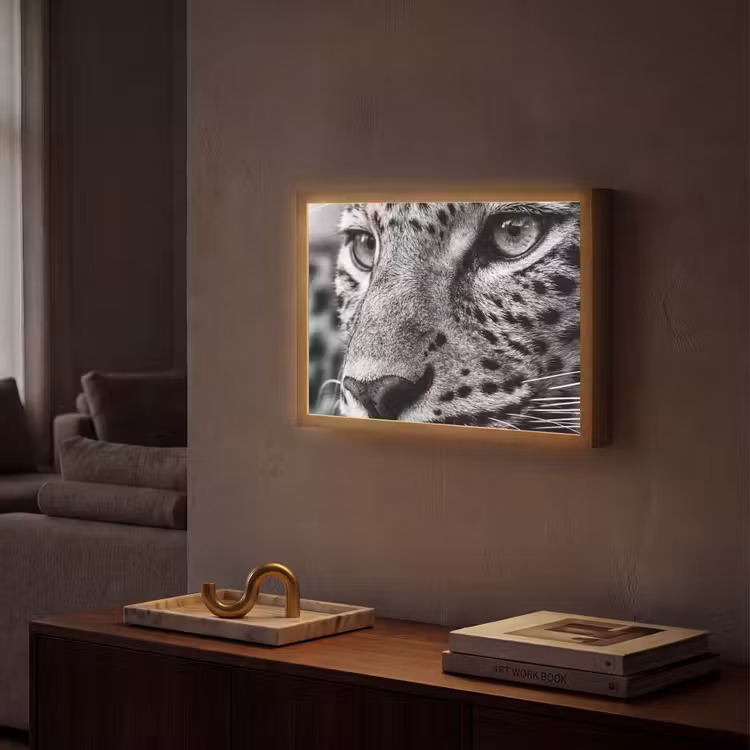 Luipaard - Zwart - Wit - Oog Light Box met batterij (Wandlamp) middel -sfeer1