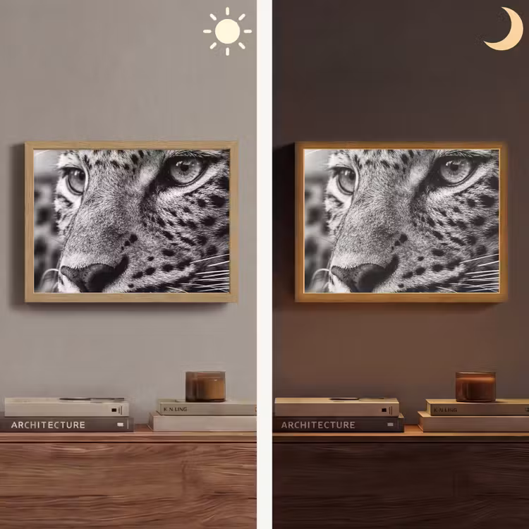 Luipaard - Zwart - Wit - Oog Light Box met batterij (Wandlamp) middel -sfeer3