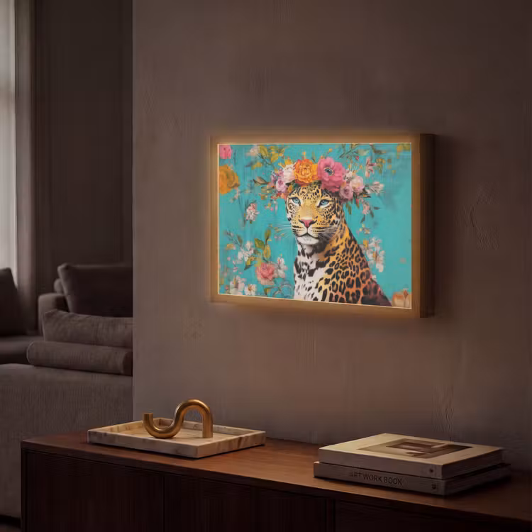 Luipaard - Bloemen - Kroon Light Box met batterij (Wandlamp) middel -sfeer1