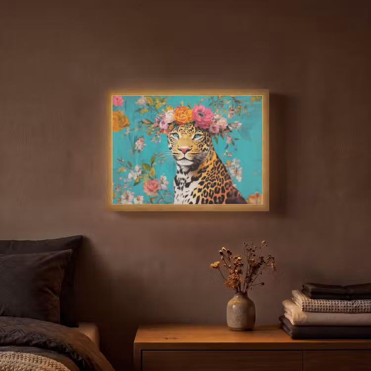 Luipaard - Bloemen - Kroon Light Box met batterij (Wandlamp) middel -sfeer4