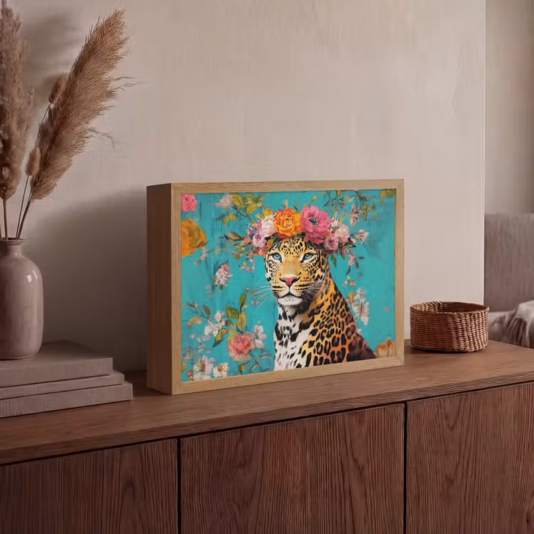 Luipaard - Bloemen - Kroon Light Box met batterij (Wandlamp) middel -sfeer2