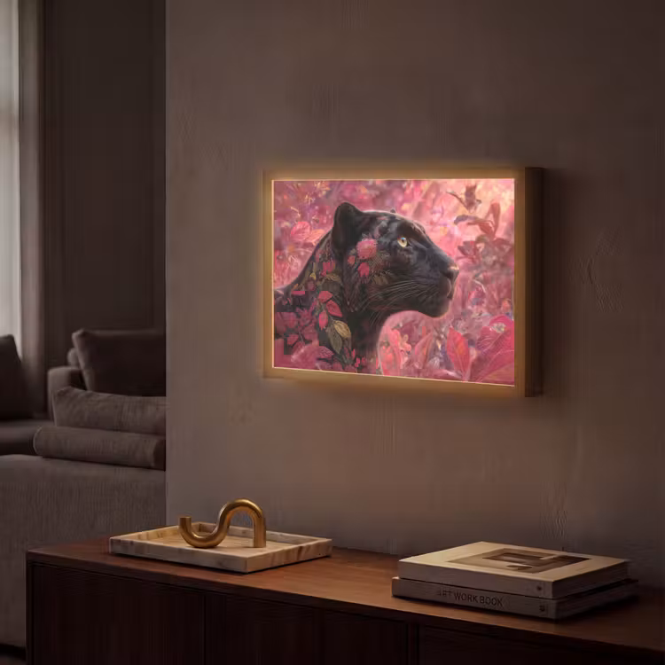 Luipaard - Bloemen - Roze Light Box met batterij (Wandlamp) middel -sfeer1