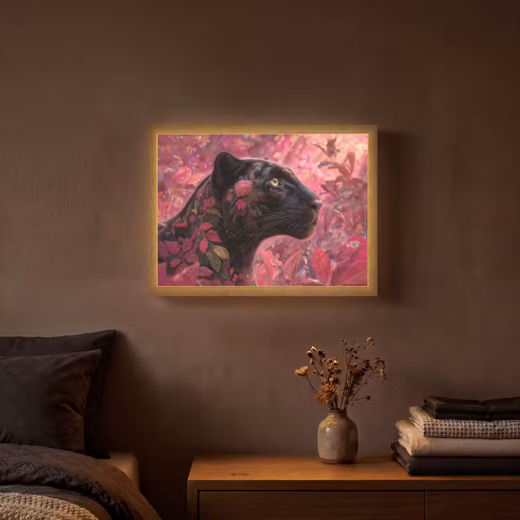 Luipaard - Bloemen - Roze Light Box met batterij (Wandlamp) middel -sfeer4