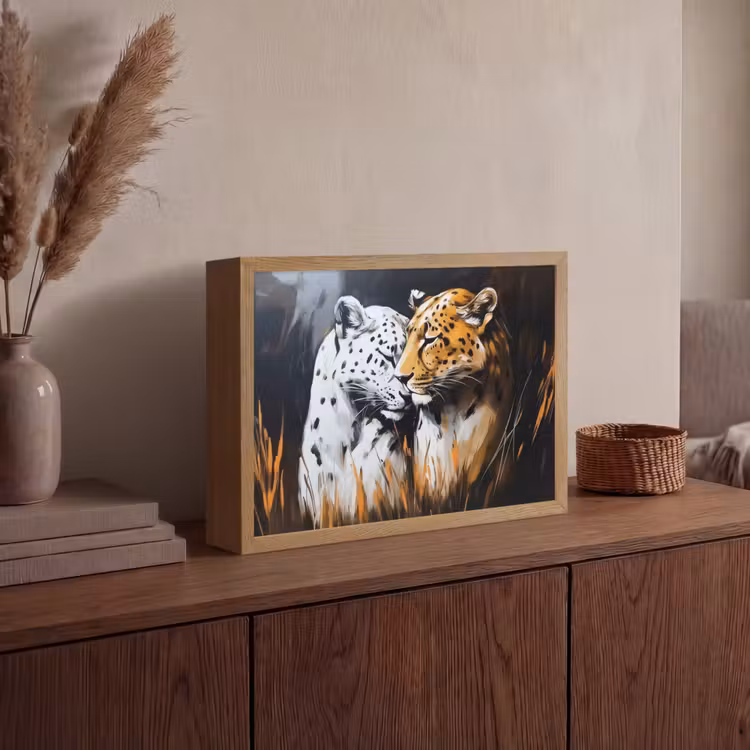 Luipaard - Oranje - Wit - Gras Light Box met batterij (Wandlamp) middel -sfeer2