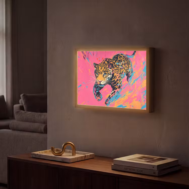 Luipaard - Roze - Oranje - Blauw - Verf Light Box met batterij (Wandlamp) middel -sfeer1
