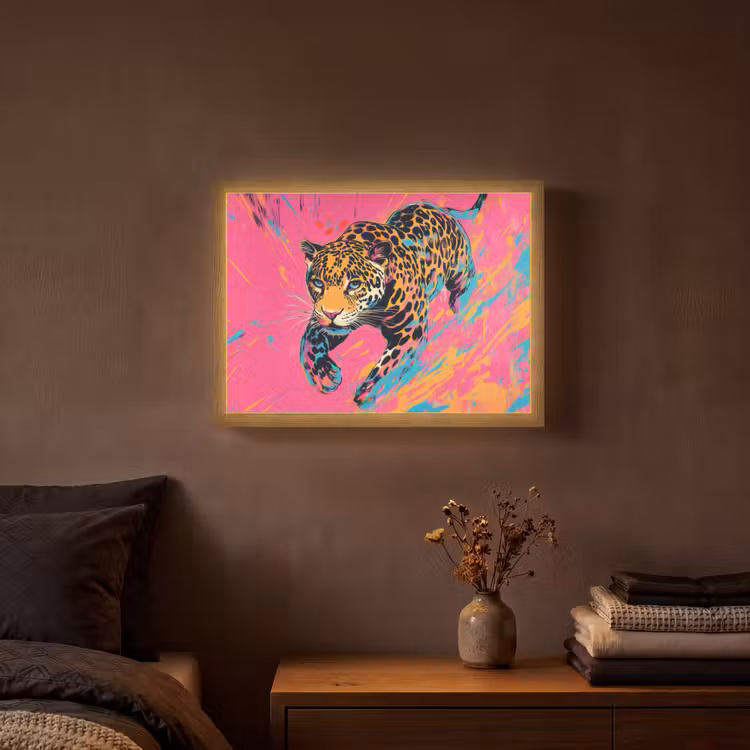 Luipaard - Roze - Oranje - Blauw - Verf Light Box met batterij (Wandlamp) middel -sfeer4
