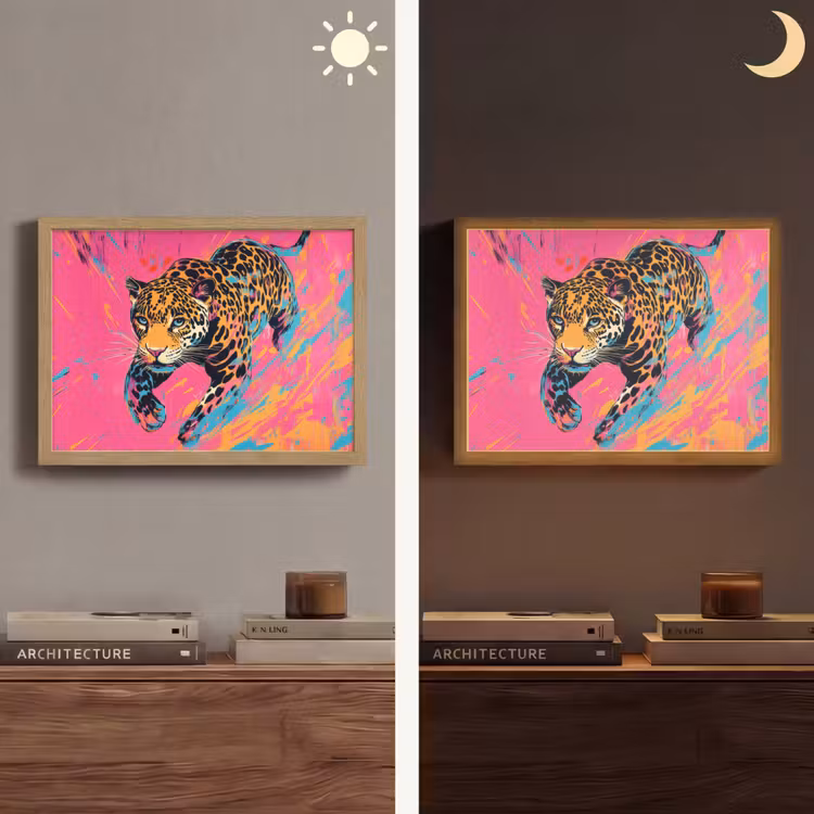 Luipaard - Roze - Oranje - Blauw - Verf Light Box met batterij (Wandlamp) middel -sfeer3
