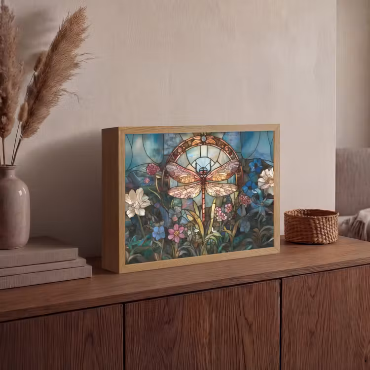 Libelle - Mozaïek - Bloemen - Kleurrijk Light Box met batterij (Wandlamp) middel -sfeer2