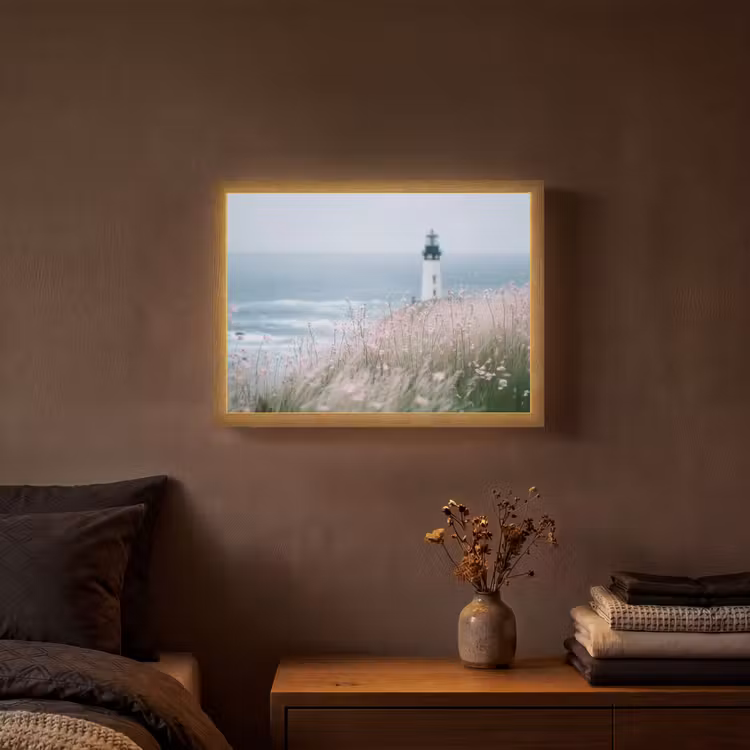 Vuurtoren - Klif - Zee - Bloemen Light Box met batterij (Wandlamp) middel -sfeer4
