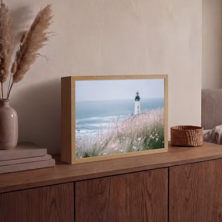 Vuurtoren - Klif - Zee - Bloemen Light Box met batterij (Wandlamp) middel -sfeer2
