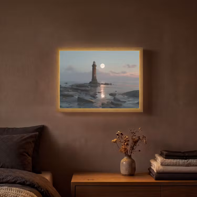 Vuurtoren - Stenen - Water - Maan Light Box met batterij (Wandlamp) middel -sfeer4