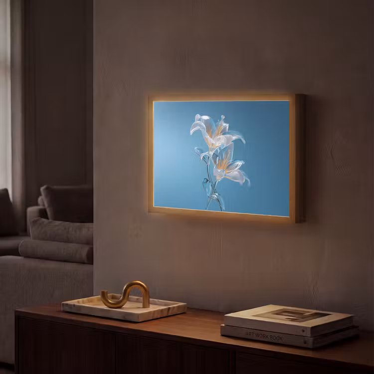 Lelies - Blauw - Glazen Light Box met batterij (Wandlamp) middel -sfeer1