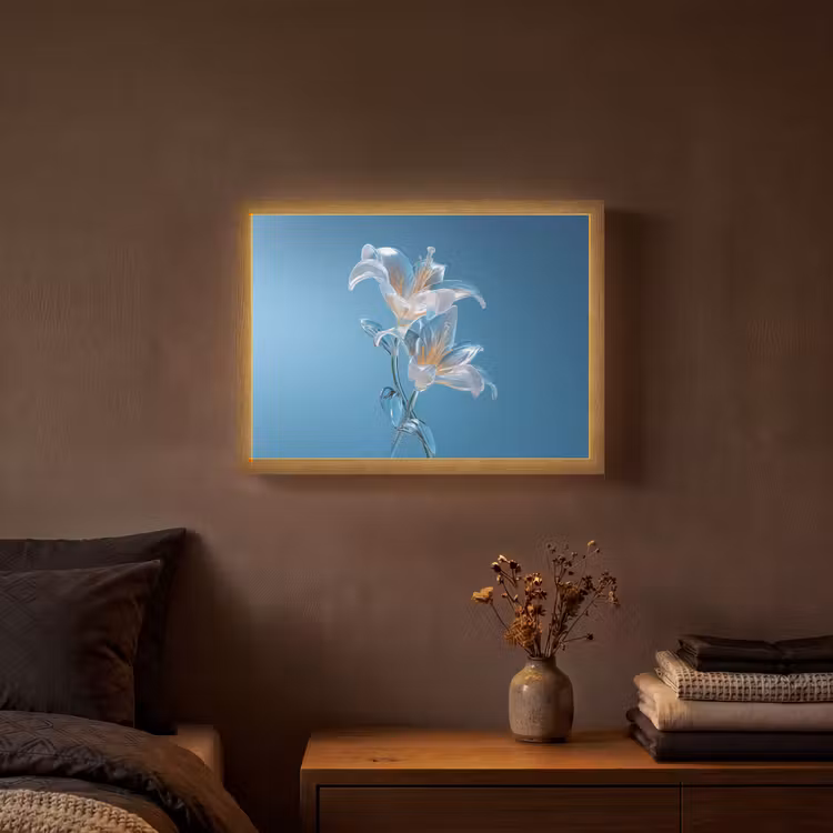 Lelies - Blauw - Glazen Light Box met batterij (Wandlamp) middel -sfeer4